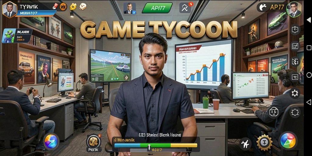 Tangkapan layar utama API77 menunjukkan gameplay seru dalam membangun kerajaan bisnis.