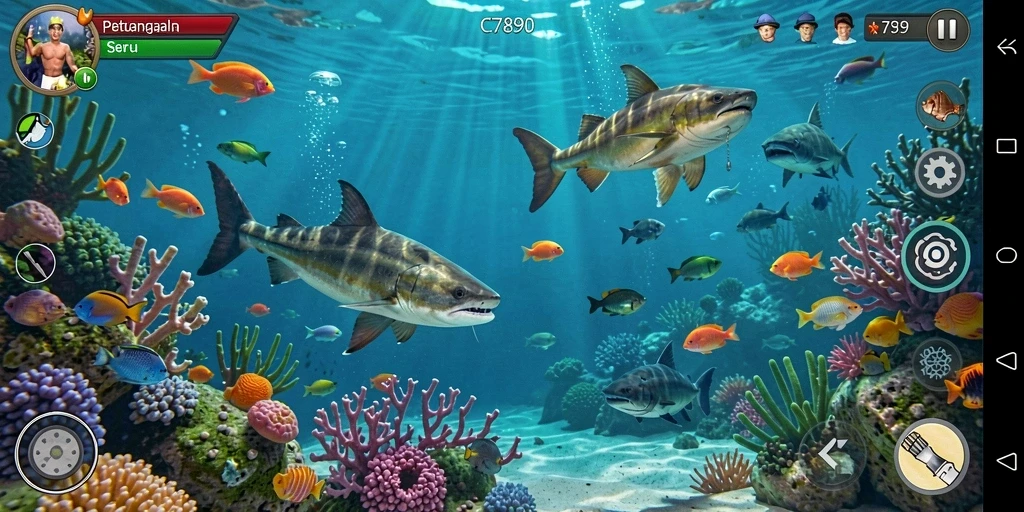 Screenshot gameplay C7890 menampilkan aksi memancing yang seru dan visual yang menarik.
