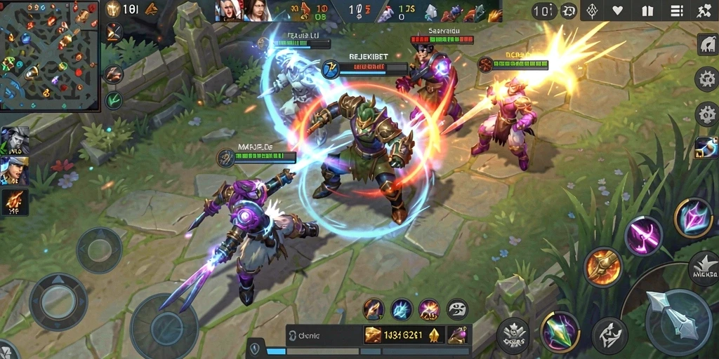 Screenshot gameplay utama REJEKIBET menampilkan aksi pertarungan MOBA yang seru.