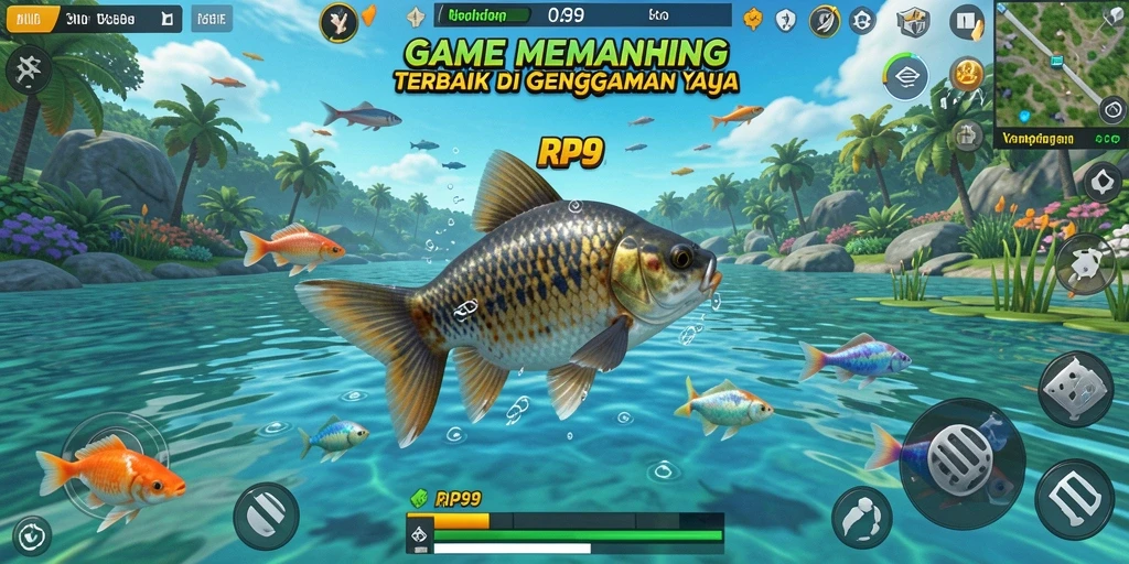 Screenshot utama RP99 menampilkan pemain sedang menangkap ikan di danau yang indah.